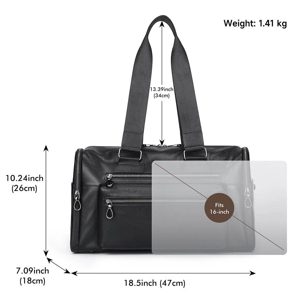Leather Duffel Bag Black Multi-Zipper Travel Tote