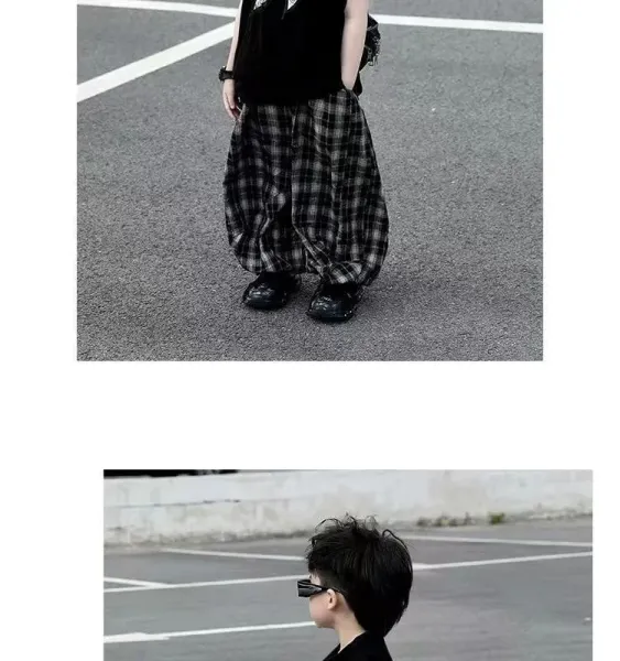 Design Sleeveless Polo Shirt with Bandana Detail, Gray Plaid Baggy Pants, and White Chunky Sneakers - 5