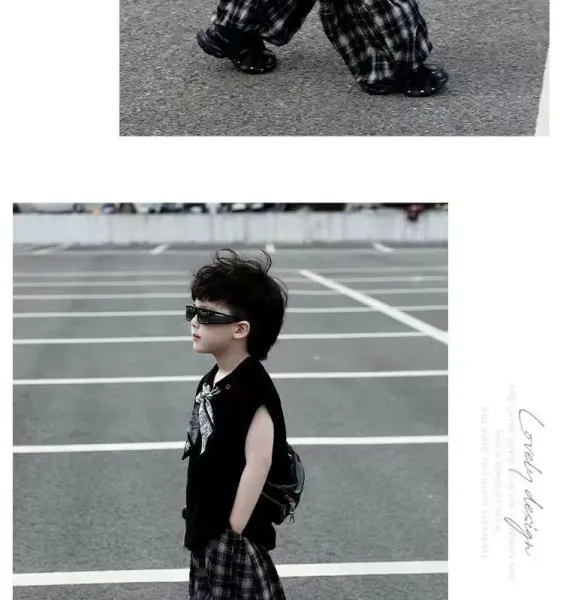 Design Sleeveless Polo Shirt with Bandana Detail, Gray Plaid Baggy Pants, and White Chunky Sneakers - 10