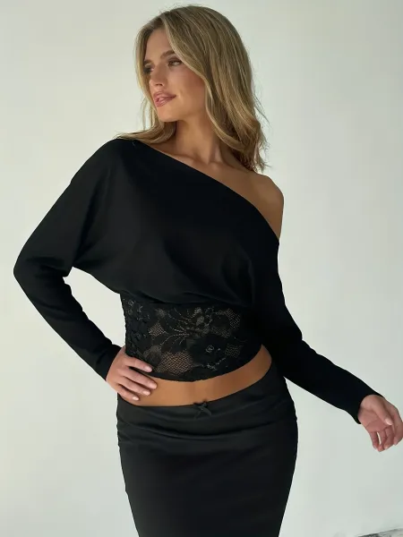 Design Off-Shoulder Cropped Top with Lace Waistband White - 16