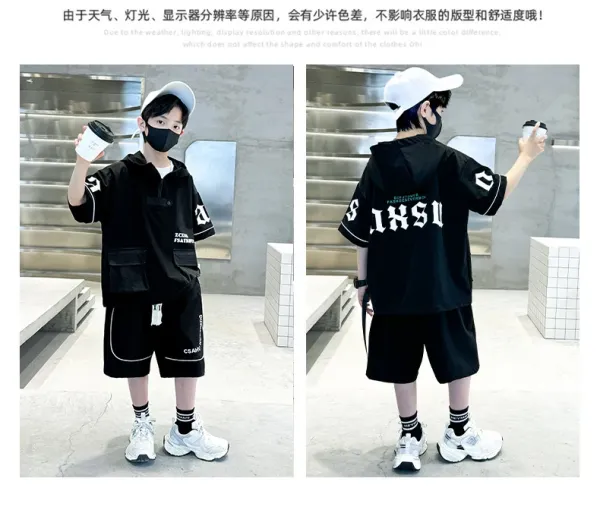 Design Short-Sleeve Hooded Jacket and Shorts Set Black Streetwear Outfit - 11