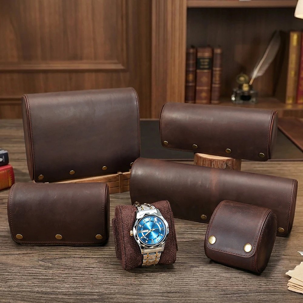 Vintage Crazy Horse Leather Watch Box for Couples, Mechanical Watch Gift Case, Premium Portable Watch Storage Organizer