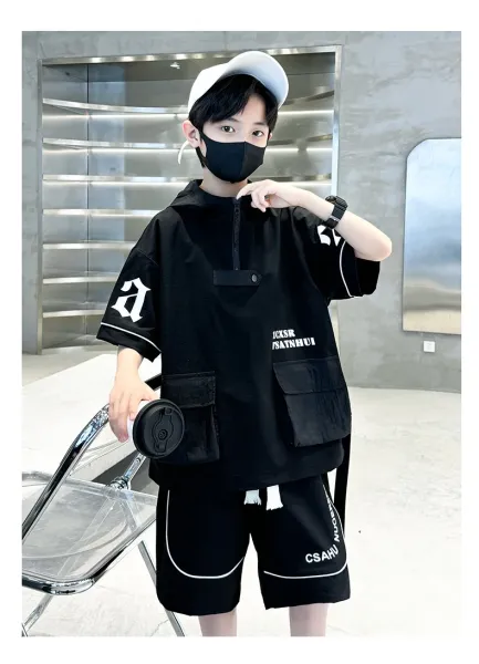 Design Short-Sleeve Hooded Jacket and Shorts Set Black Streetwear Outfit - 15