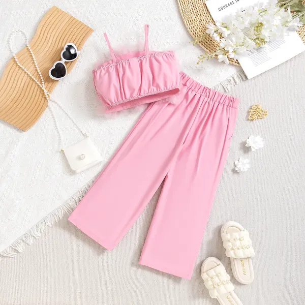 Design Tulle Top and Pleated Wide-Leg Pants Set in Sky Blue - 4