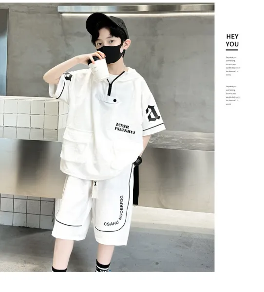 Design Short-Sleeve Hooded Jacket and Shorts Set Black Streetwear Outfit - 22