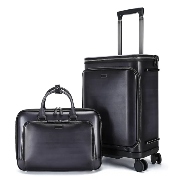 Design Black Leather Laptop Briefcase and Expandable Rolling Carry-On Suitcase Set Travel Bags - 1