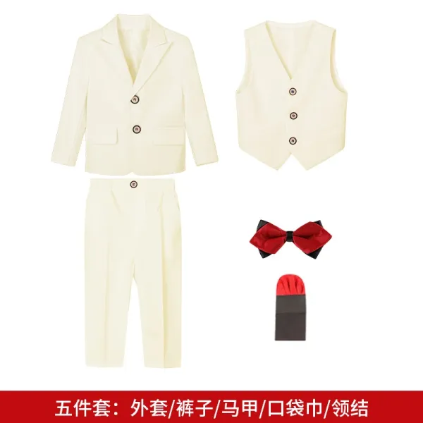 Design Five-Piece Cream Suit Set with Red Bow Tie - 1