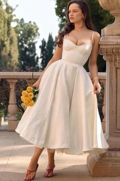 Design Yellow Lace-Trimmed Corset Midi Dress - 11
