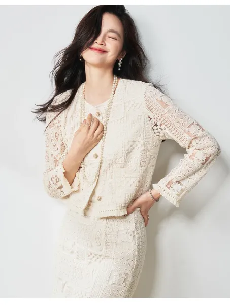 Design Lace Cropped Cardigan Beige Outerwear - 15