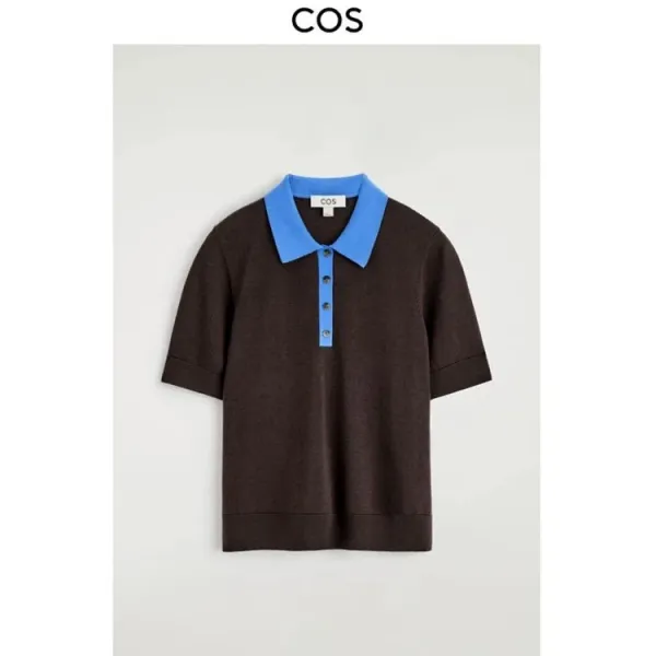 Design COS Color-Block Knit Polo Brown with Blue Collar Tops Polo - 1