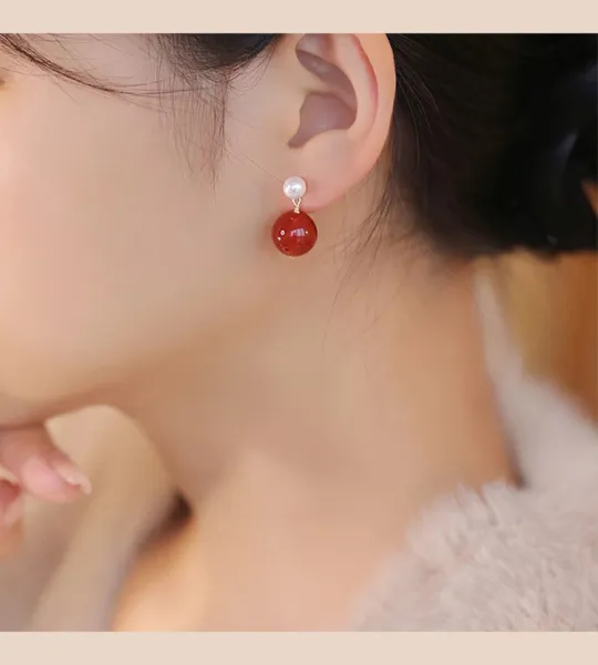 Design Pearl and Red Agate Drop Earrings - 11