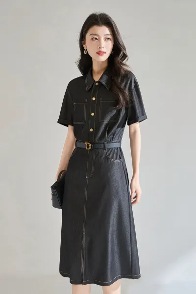 Design Denim Shirt Dress with Contrast Stitching and Belt Black Dress - 11