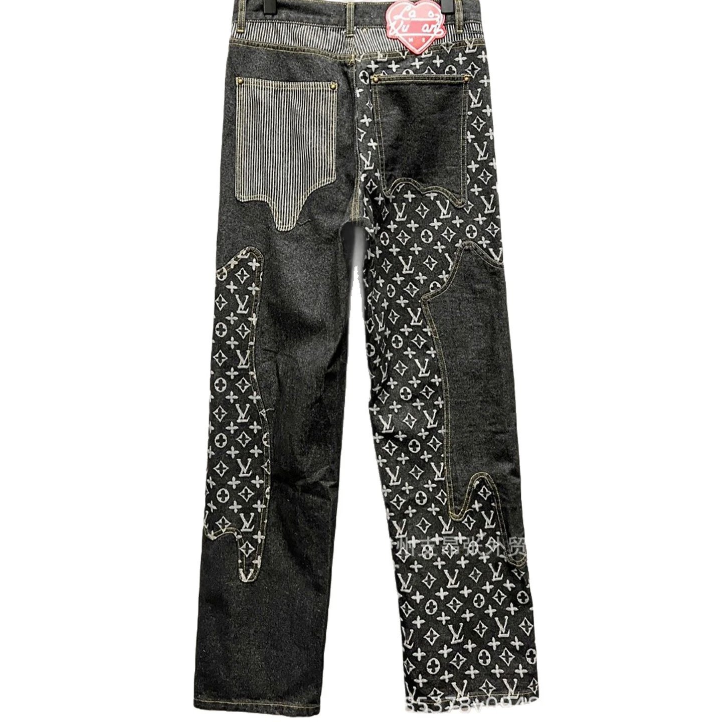 Monogram Print Black Wide Leg Denim Jeans