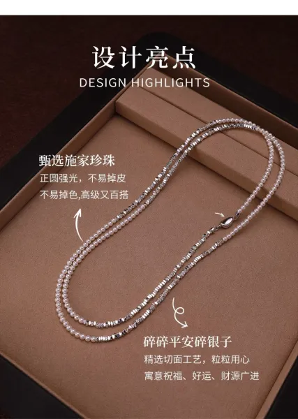 Design Crushed Silver Necklace with Pearl Beads Jewelry - 6