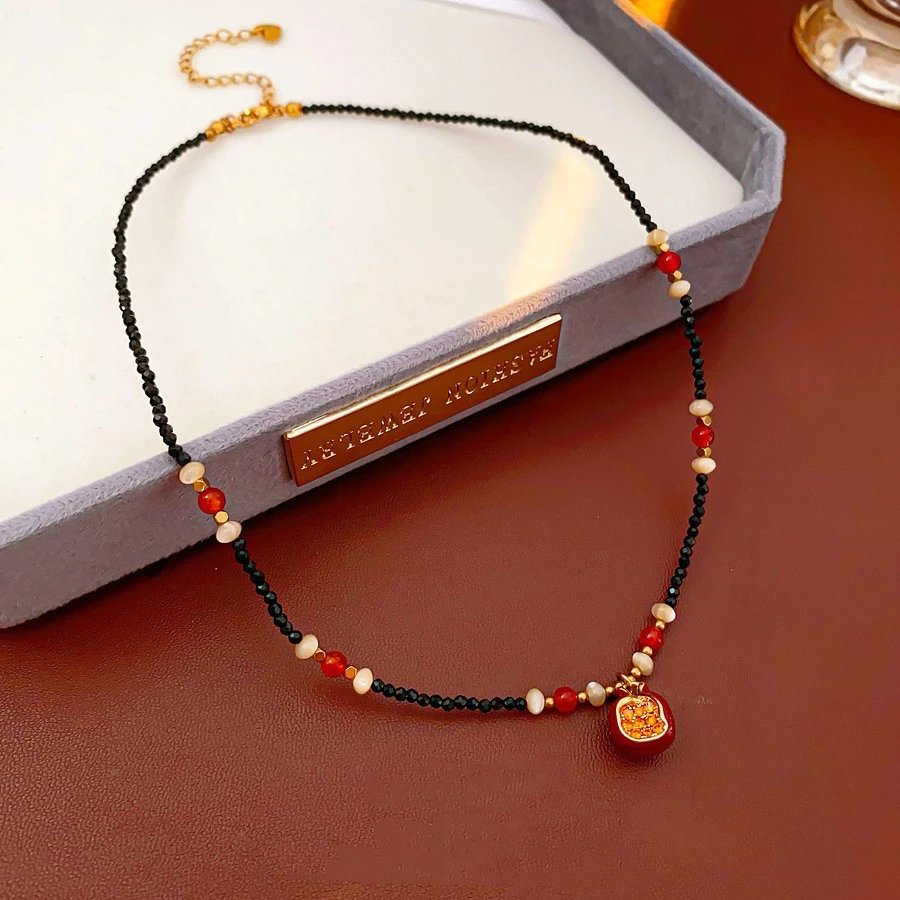 Pomegranate Pendant Necklace Black Beaded Orange White Bohemian