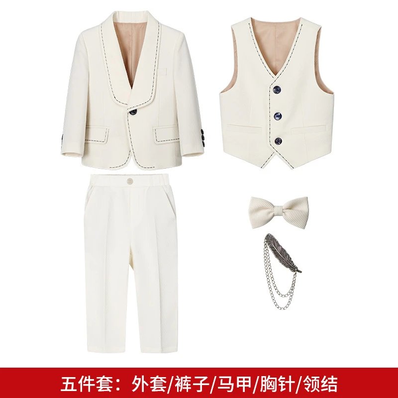 Five-Piece Formal Set Beige Blazer Vest Pants Bowtie Feather Pin