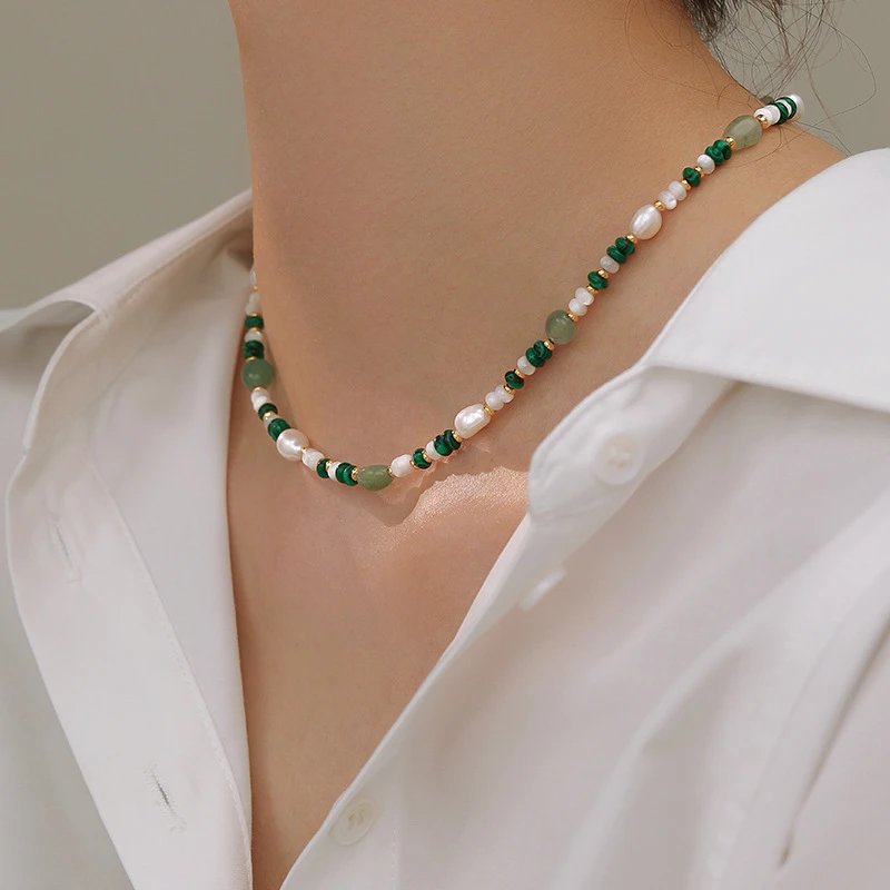 Green Jade and Pearl Beaded Choker Necklace