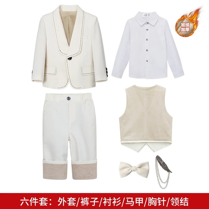 米色加绒6件套（衬衫+外套+马甲+长裤+领结+胸针）