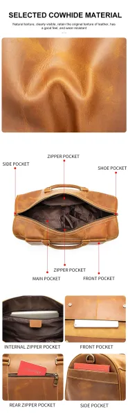 Design Vintage Leather Duffle Bag Tan Travel Bag - 5