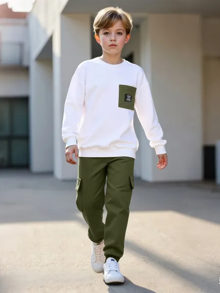 Design Oversized Pocket Sweatshirt and Cargo Pants Set in White and Army Green Casual Set - 9