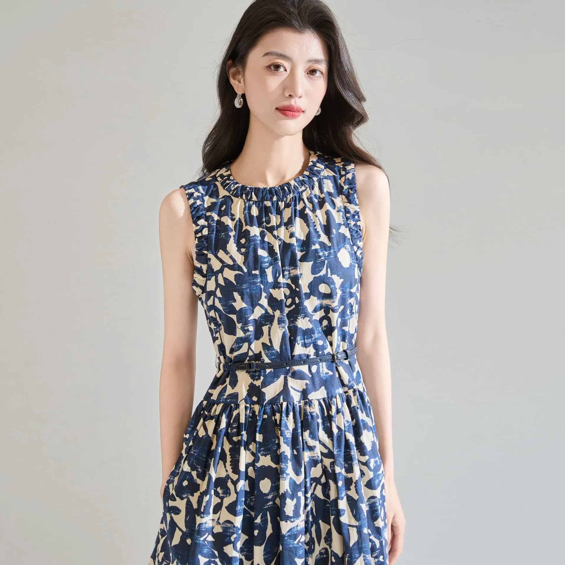 Floral Print Sleeveless Navy Blue Midi Dress