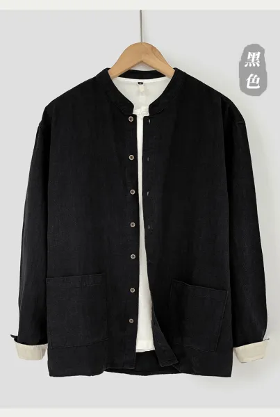 Design Mandarin Collar Linen Blend Jacket Gray Outerwear Jacket - 15