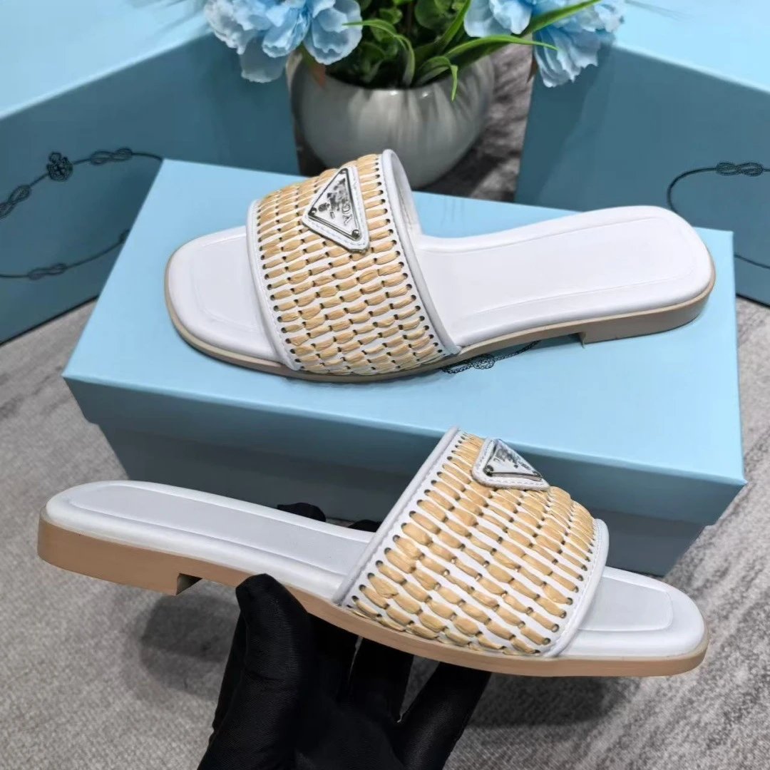 Prada Woven Slide Sandals Beige Slippers - 5