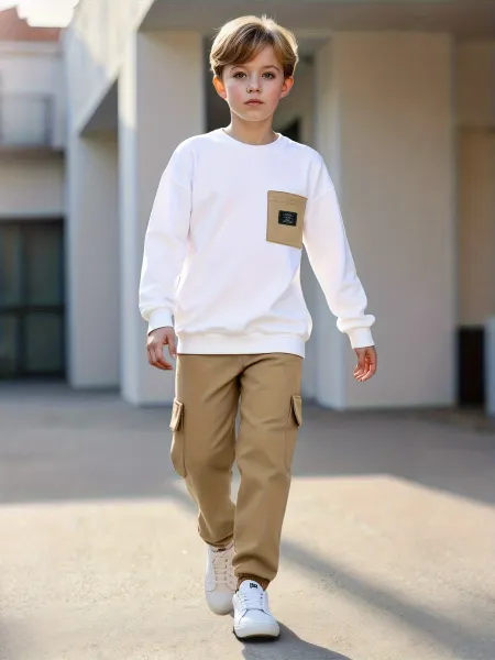 Design Oversized Pocket Sweatshirt and Cargo Pants Set in White and Army Green Casual Set - 19
