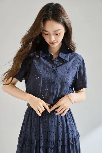Design Tiered Eyelet Embroidery Shirt Dress Navy - 5