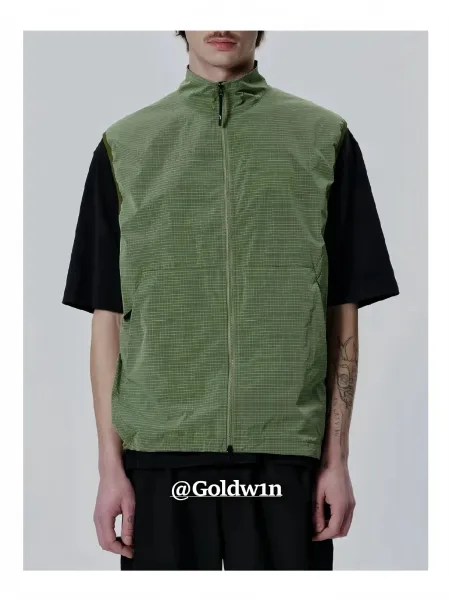Design Grid-Textured Zip-Up Vest Olive Green Vest Outerwear.vest - 6
