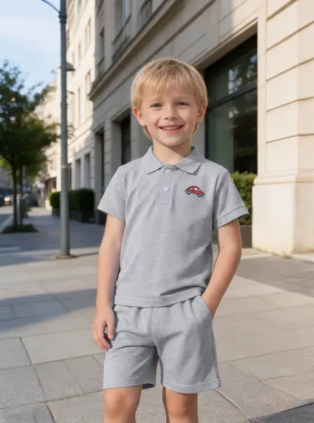 Design Red Polo Shirt with Boat Embroidery and Matching Shorts Set Sets - 19
