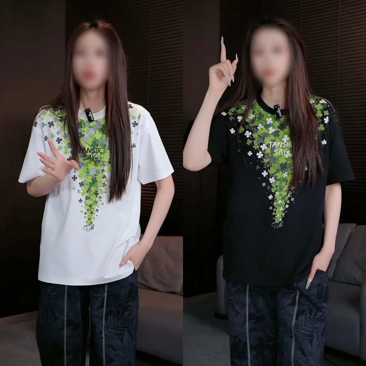 TANSIR Graphic Print Black White Floral Oversized T-Shirt
