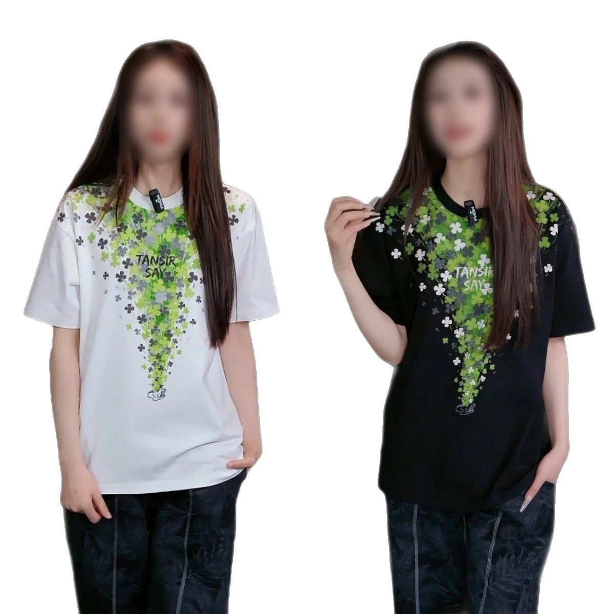 TANSIR Graphic Print Black White Floral Oversized T-Shirt