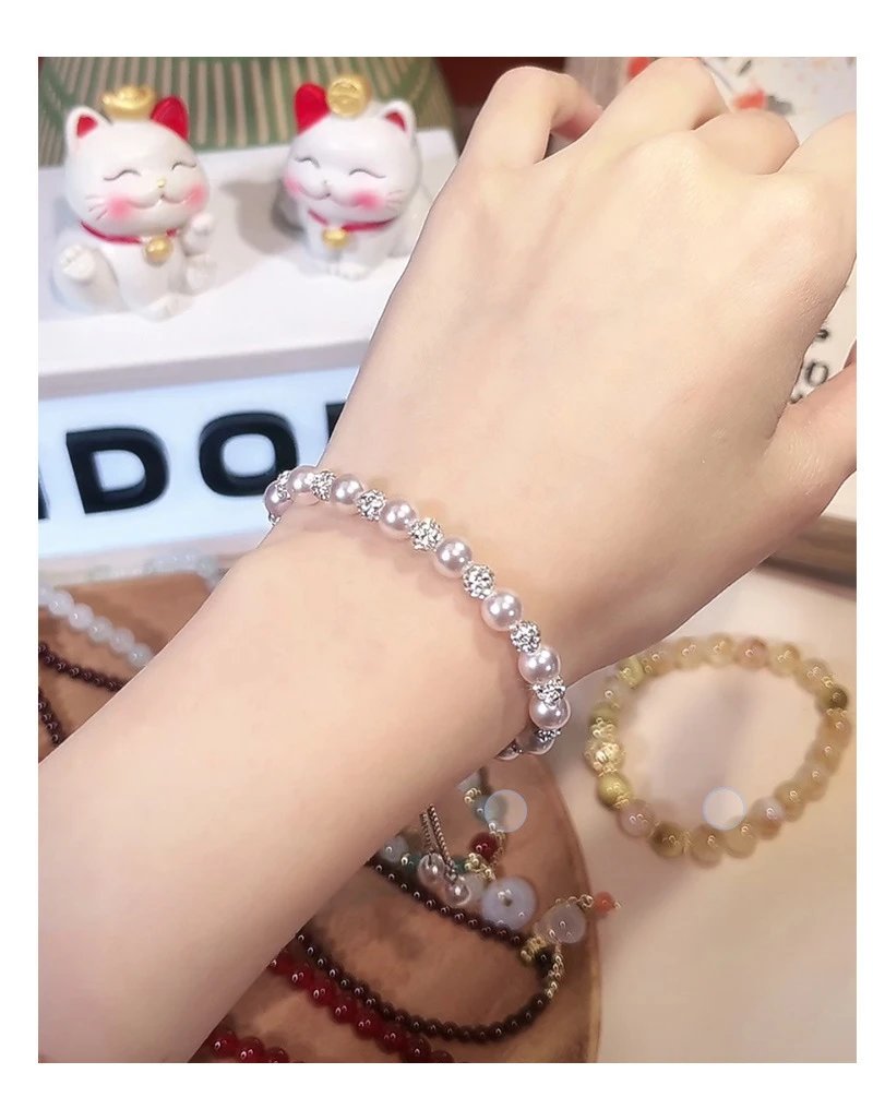 Design Pearl and Crystal Beaded Adjustable Bracelet Pink Silver Jewelry - 9