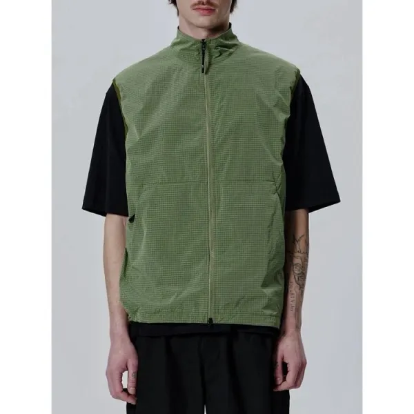 Design Grid-Textured Zip-Up Vest Olive Green Vest Outerwear.vest - 15