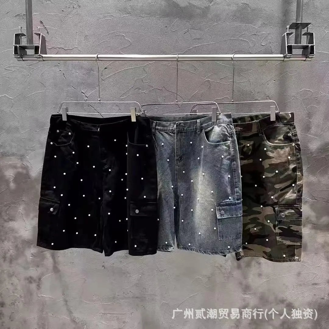 Design Pearl-Embellished Cargo Shorts in Black, Denim, and Camo