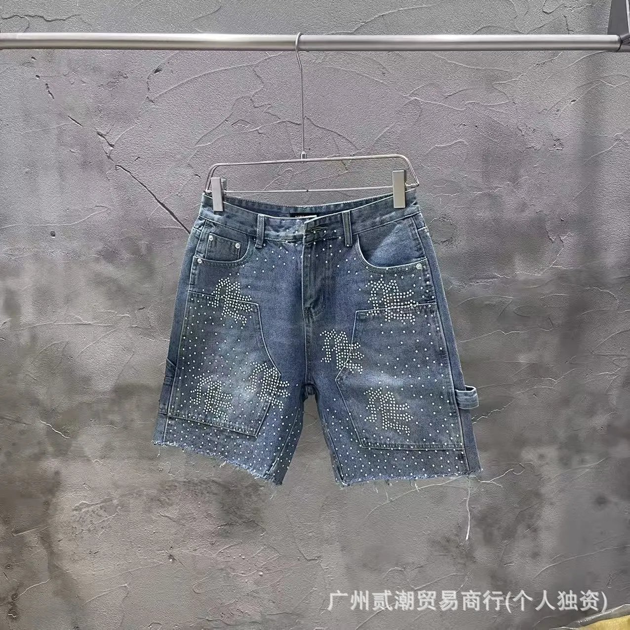Denim Shorts with Rhinestone Embroidery Blue Jeans