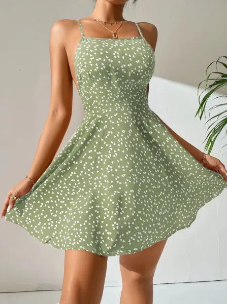Design Floral Print Heart Pattern Spaghetti Strap A-Line Dress - 9