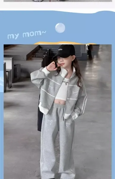 Design Gray Zip-Up Track Set with Embroidered Bow Detail Sweatpants Tracksuit - 3