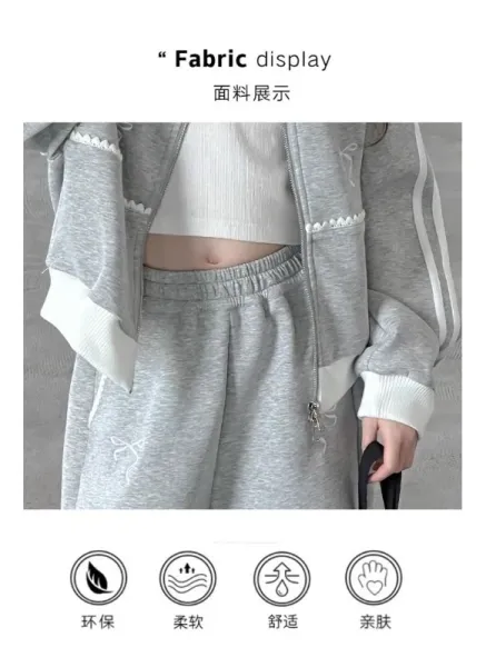 Design Gray Zip-Up Track Set with Embroidered Bow Detail Sweatpants Tracksuit - 7