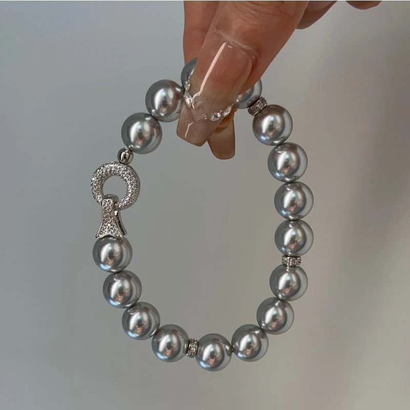 Pearl Bead White Crystal Ribbon Clasp Bracelet