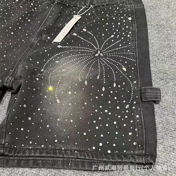 Design Denim Shorts with Rhinestone Sunburst Embroidery Blue and Black - 9