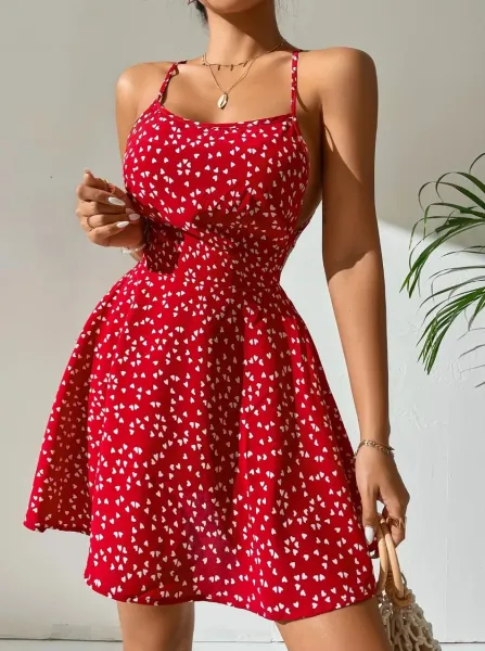 Design Floral Print Heart Pattern Spaghetti Strap A-Line Dress - 17