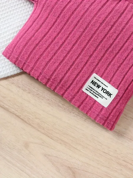 Design Ribbed Knit Crop Top and Flare Pants Set Pink - 5