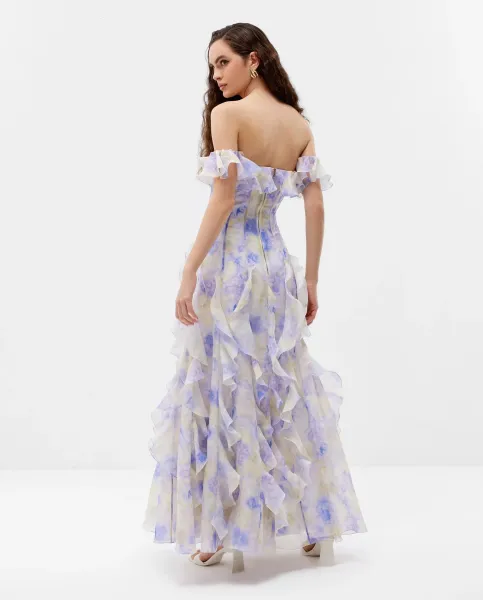 Design White Ruffled Off-Shoulder Tiered Gown Dress - 6