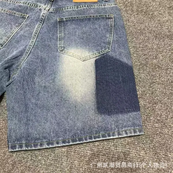 Design Denim Shorts with Rhinestone Sunburst Embroidery Blue and Black - 14