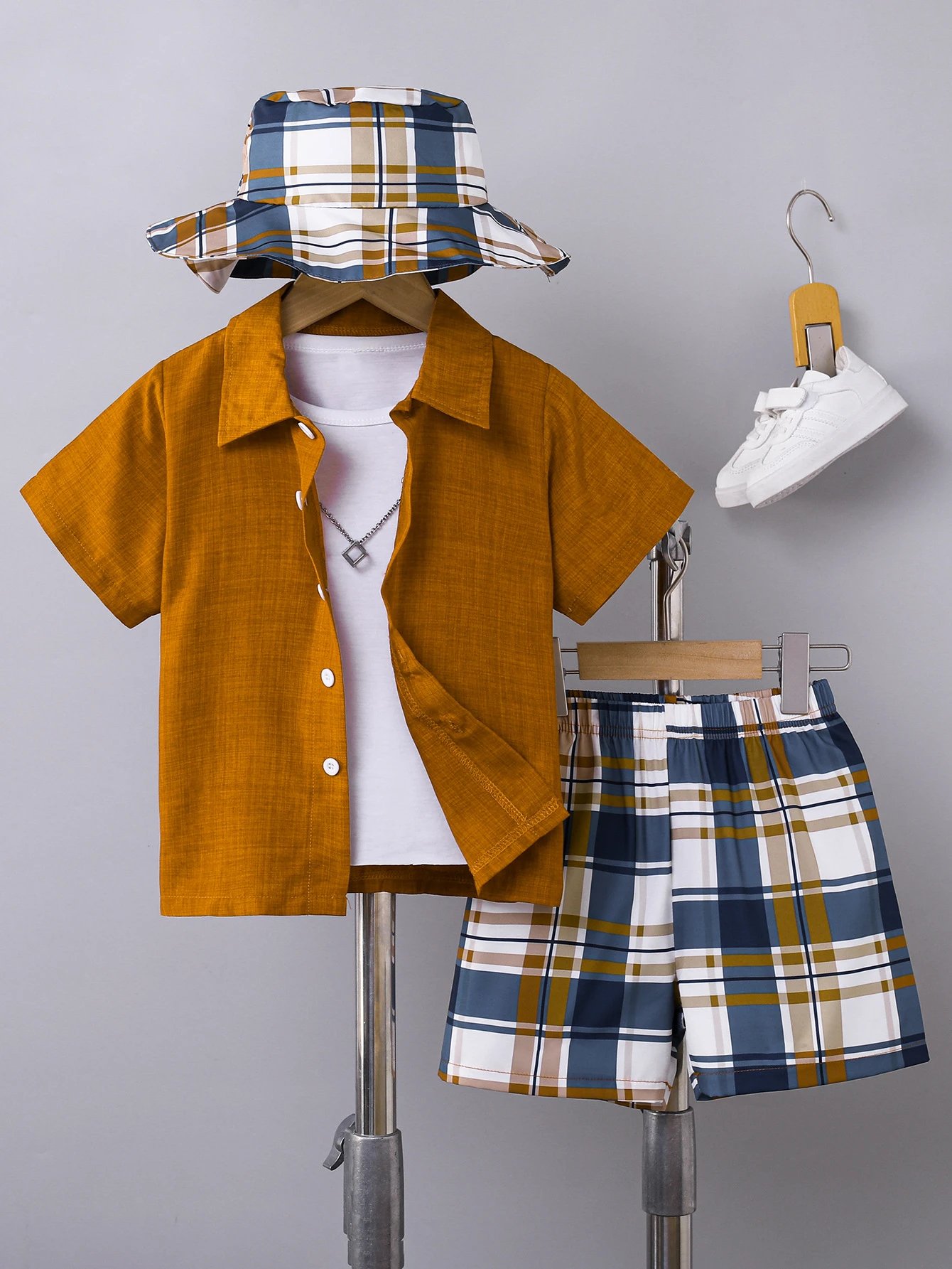 Design Plaid Bucket Hat and Mustard Shirt Set with Matching Shorts - 10