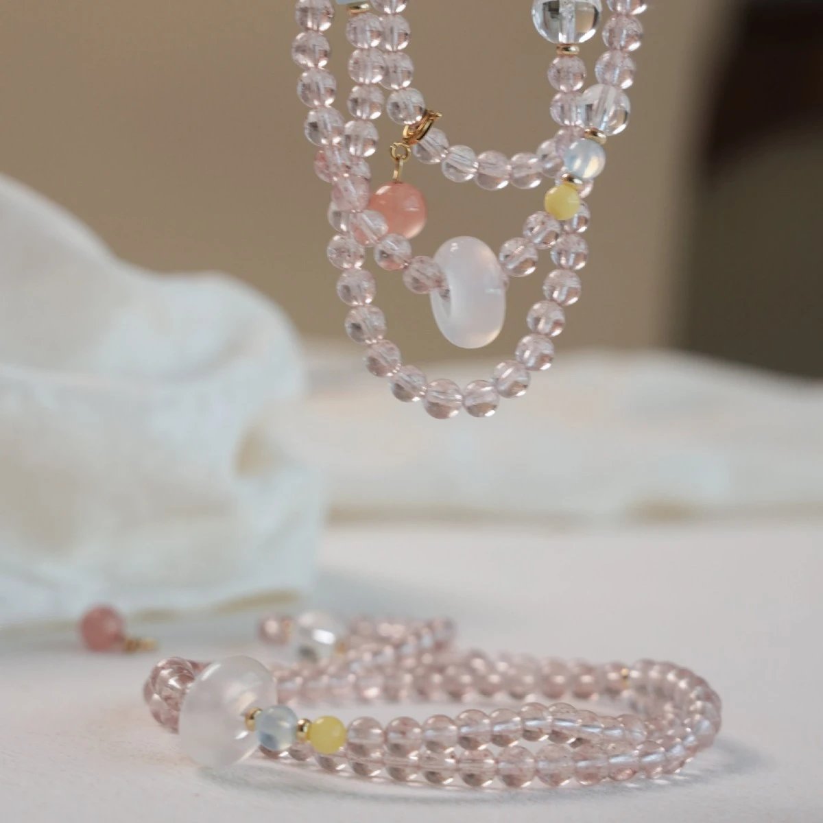 Pink Crystal Beaded Wrap Bracelet With Pastel Accents Bohemian Style