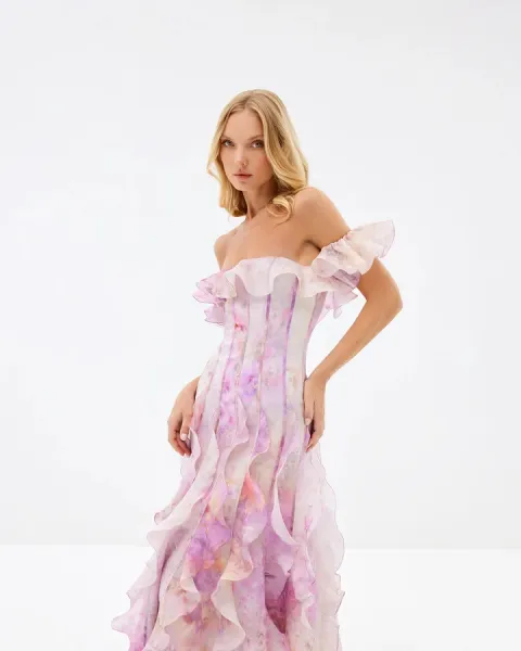 Design White Ruffled Off-Shoulder Tiered Gown Dress - 14