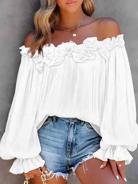 Design Ruffled Off-Shoulder Blouse in Sky Blue Tops - 17